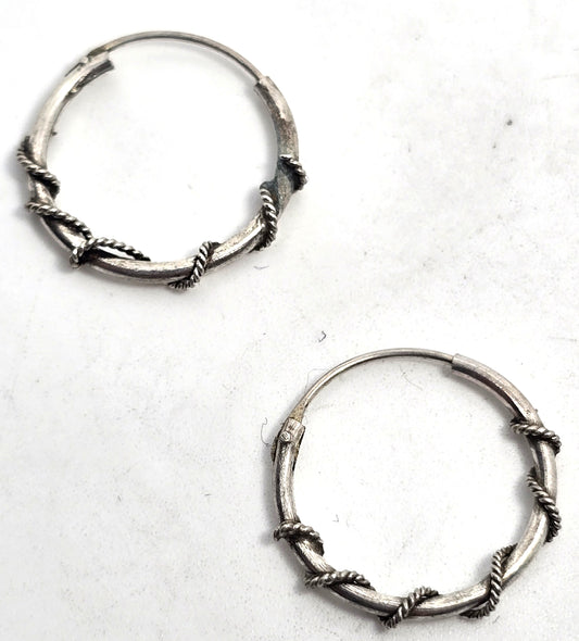 Tribal twisted silver plated small internal thread hollow vintage hoop earrings