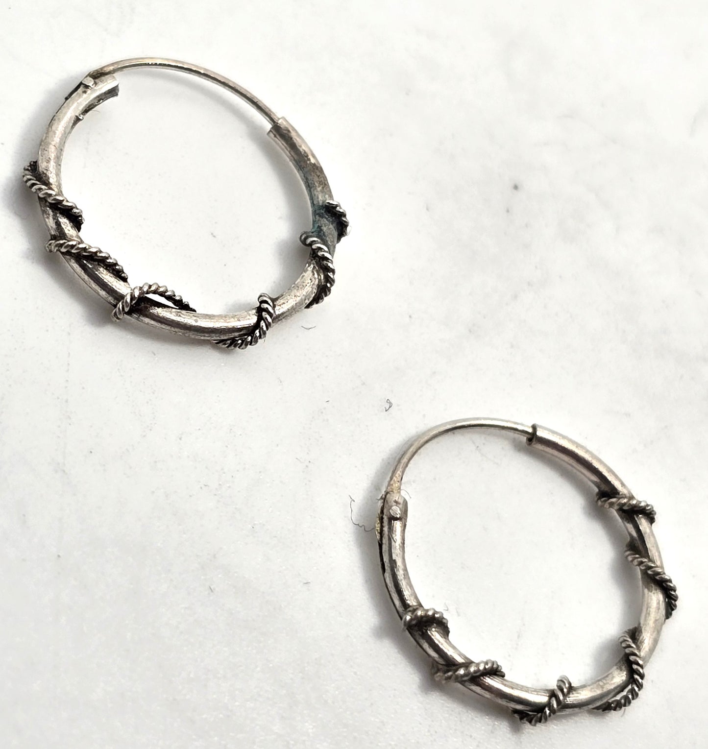 Tribal twisted silver plated small internal thread hollow vintage hoop earrings