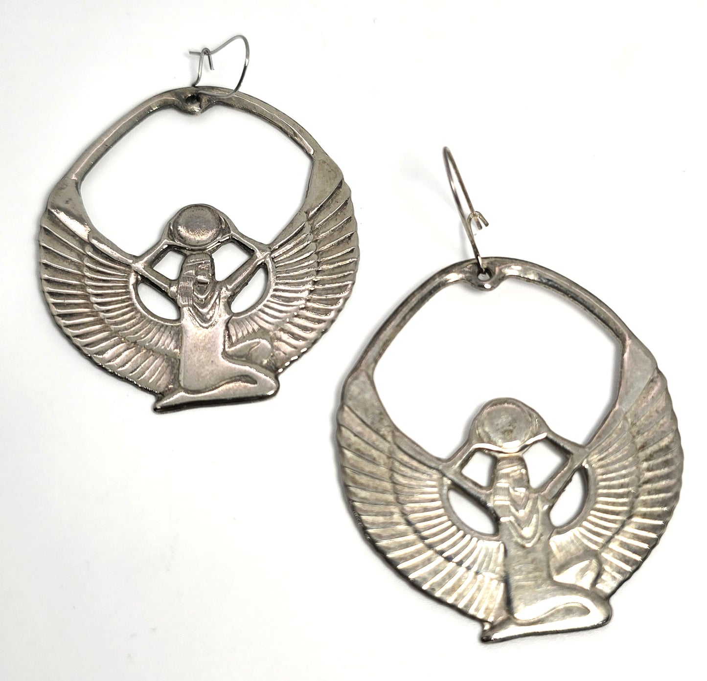 Egyptian Revival Isis Goddess silver plated vintage large earrings