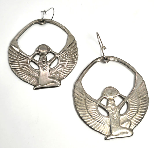 Egyptian Revival Isis Goddess silver plated vintage large earrings