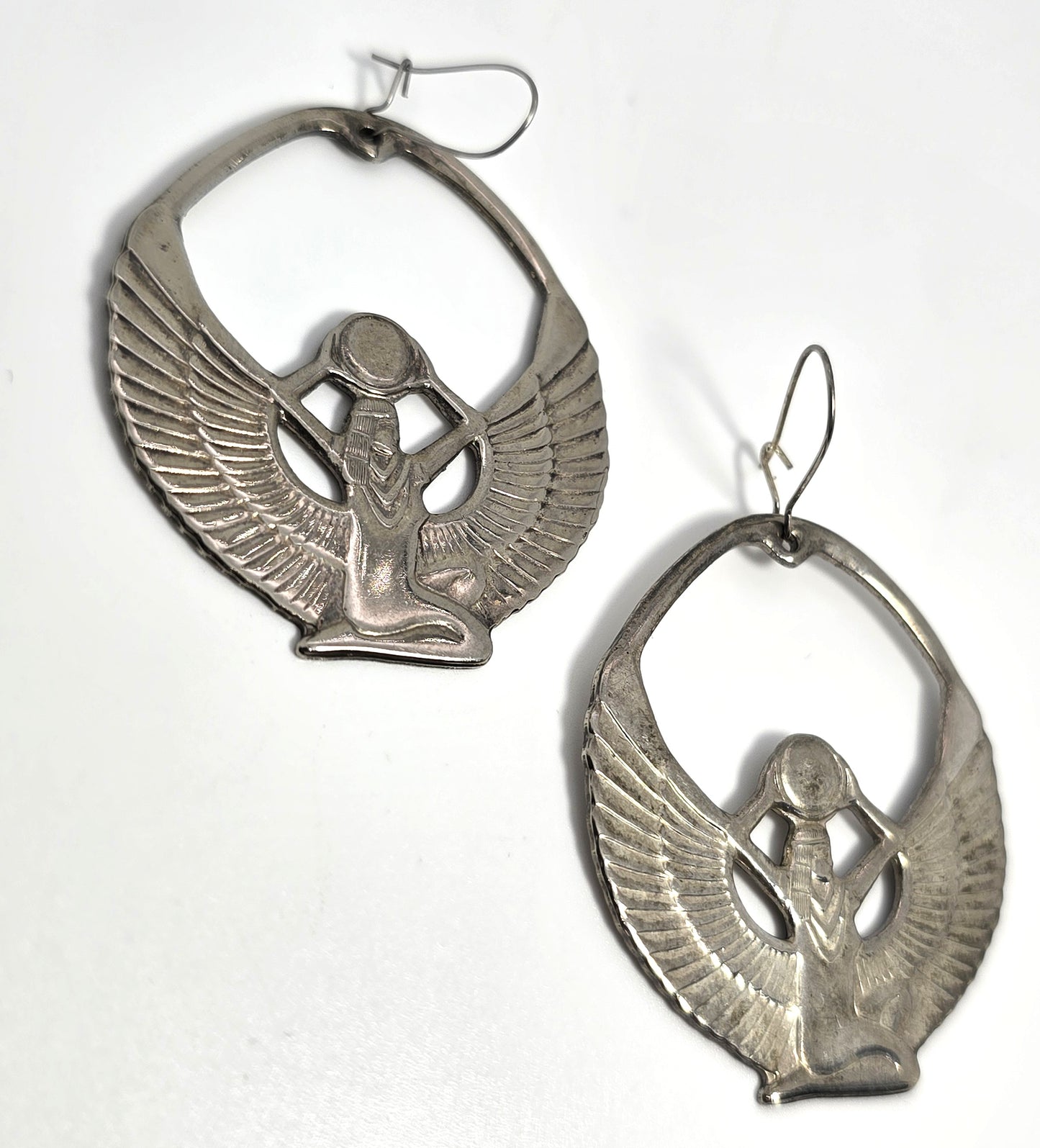 Egyptian Revival Isis Goddess silver plated vintage large earrings