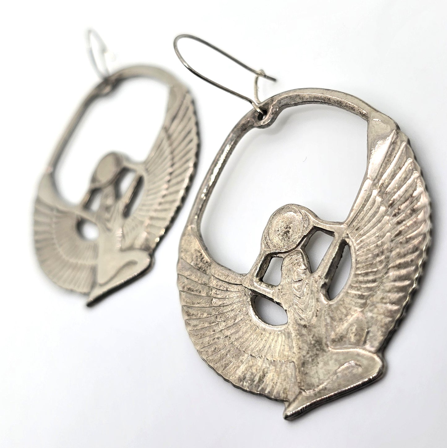Egyptian Revival Isis Goddess silver plated vintage large earrings