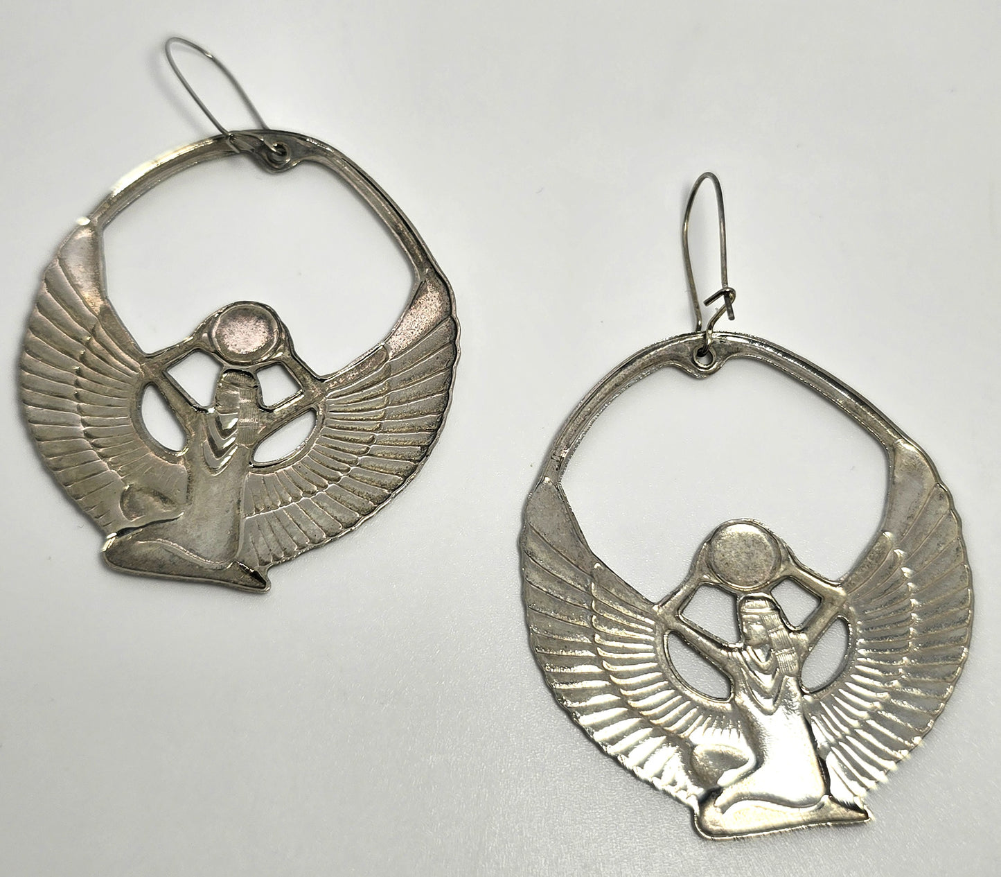 Egyptian Revival Isis Goddess silver plated vintage large earrings