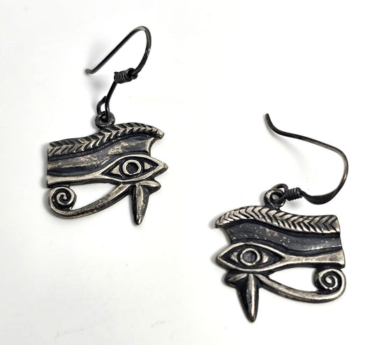 Egyptian Revival Eye of Horus vintage retro sterling silver drop earrings