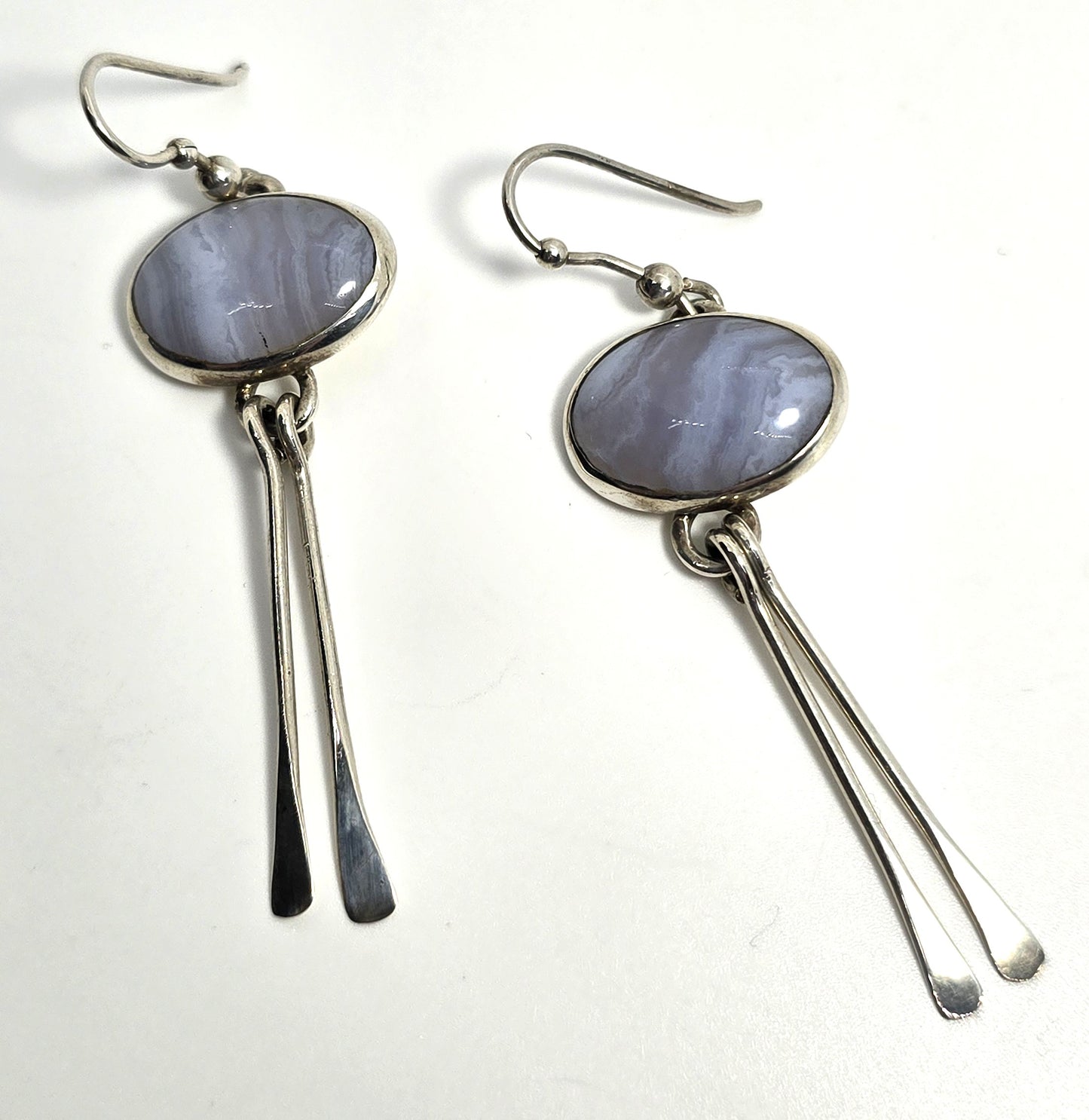 Blue Lace Agate blue gemstone sterling silver 2.5" long drop vintage earrings