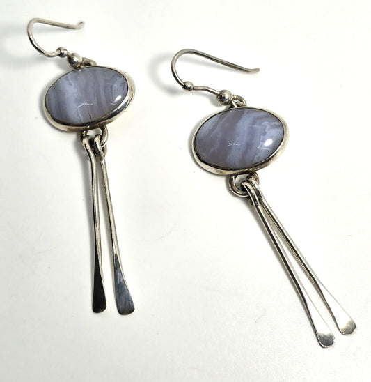 Blue Lace Agate blue gemstone sterling silver 2.5" long drop vintage earrings