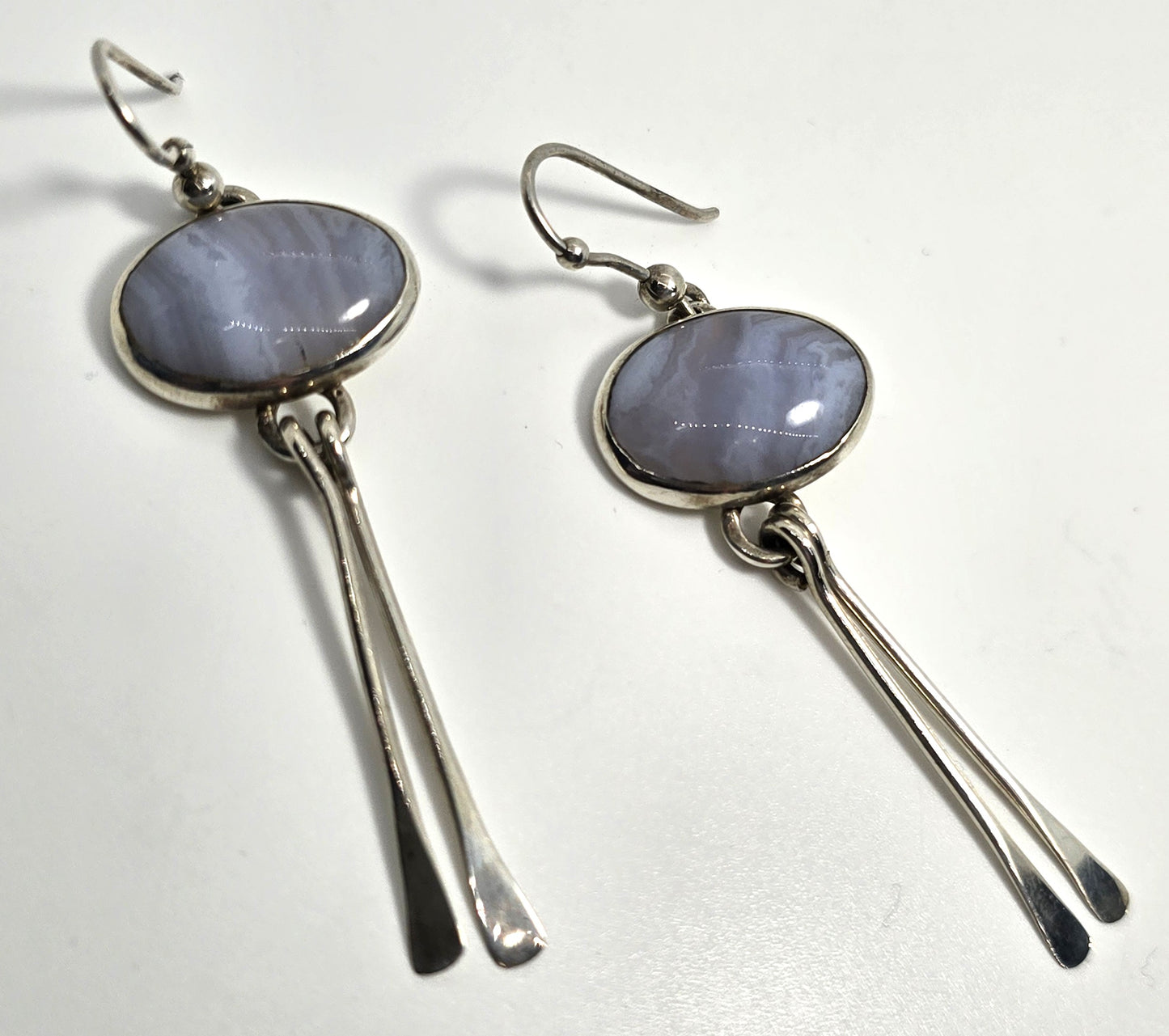 Blue Lace Agate blue gemstone sterling silver 2.5" long drop vintage earrings