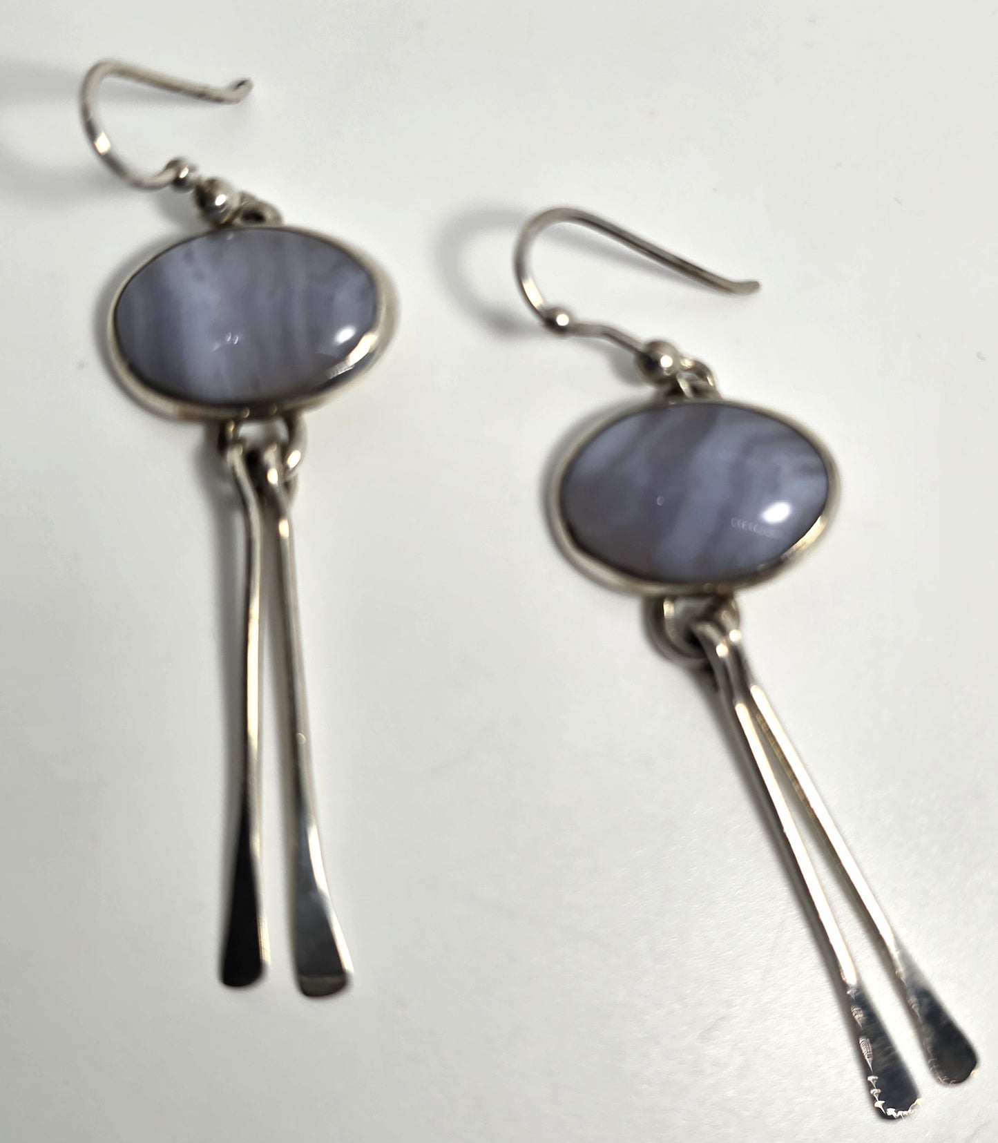 Blue Lace Agate blue gemstone sterling silver 2.5" long drop vintage earrings