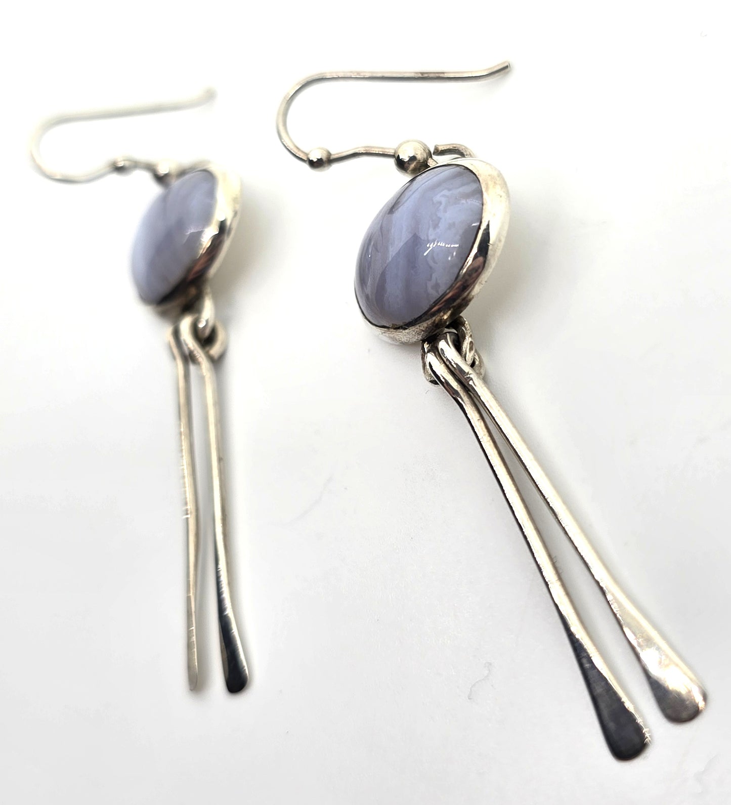 Blue Lace Agate blue gemstone sterling silver 2.5" long drop vintage earrings