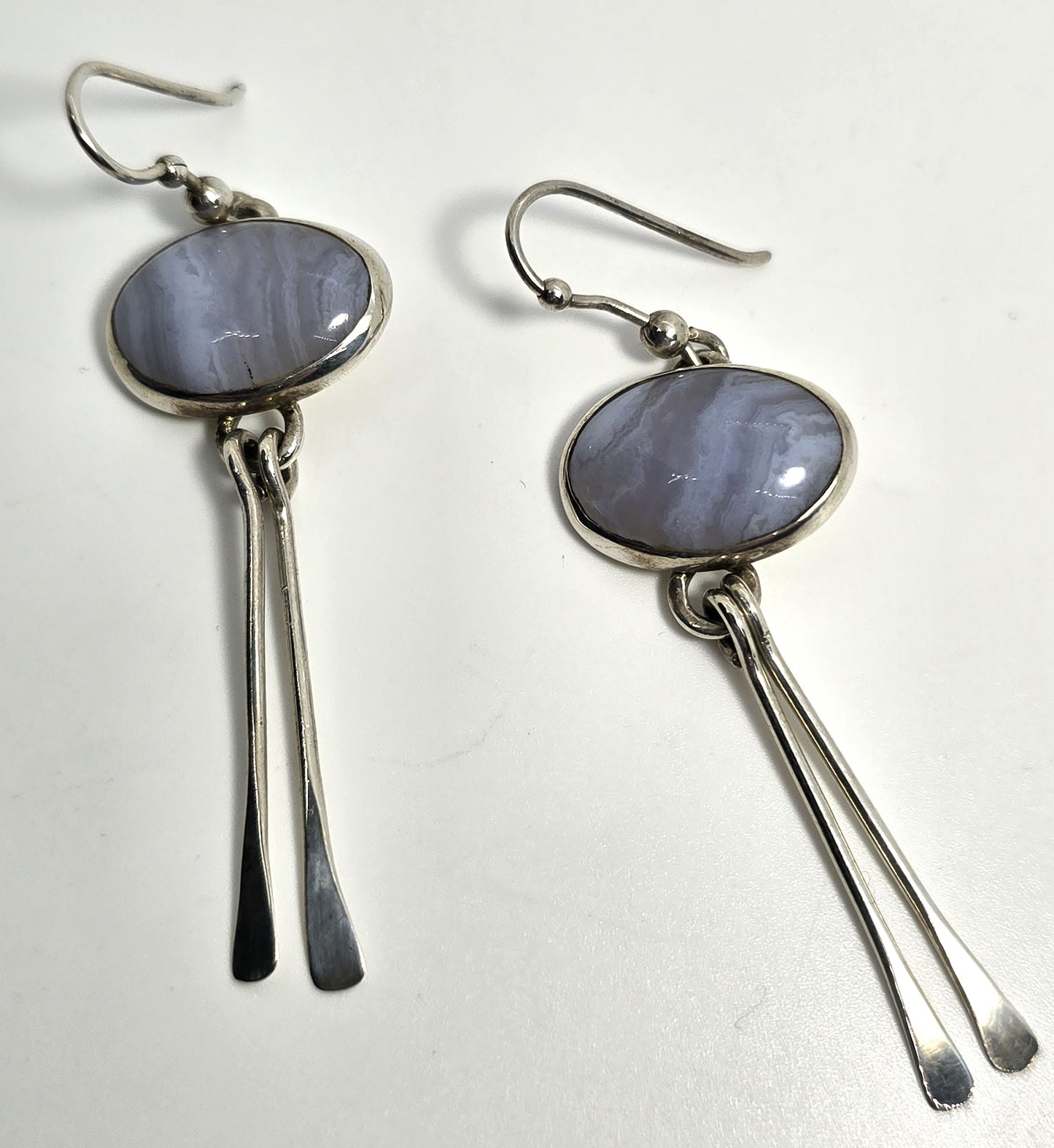 Blue Lace Agate blue gemstone sterling silver 2.5" long drop vintage earrings