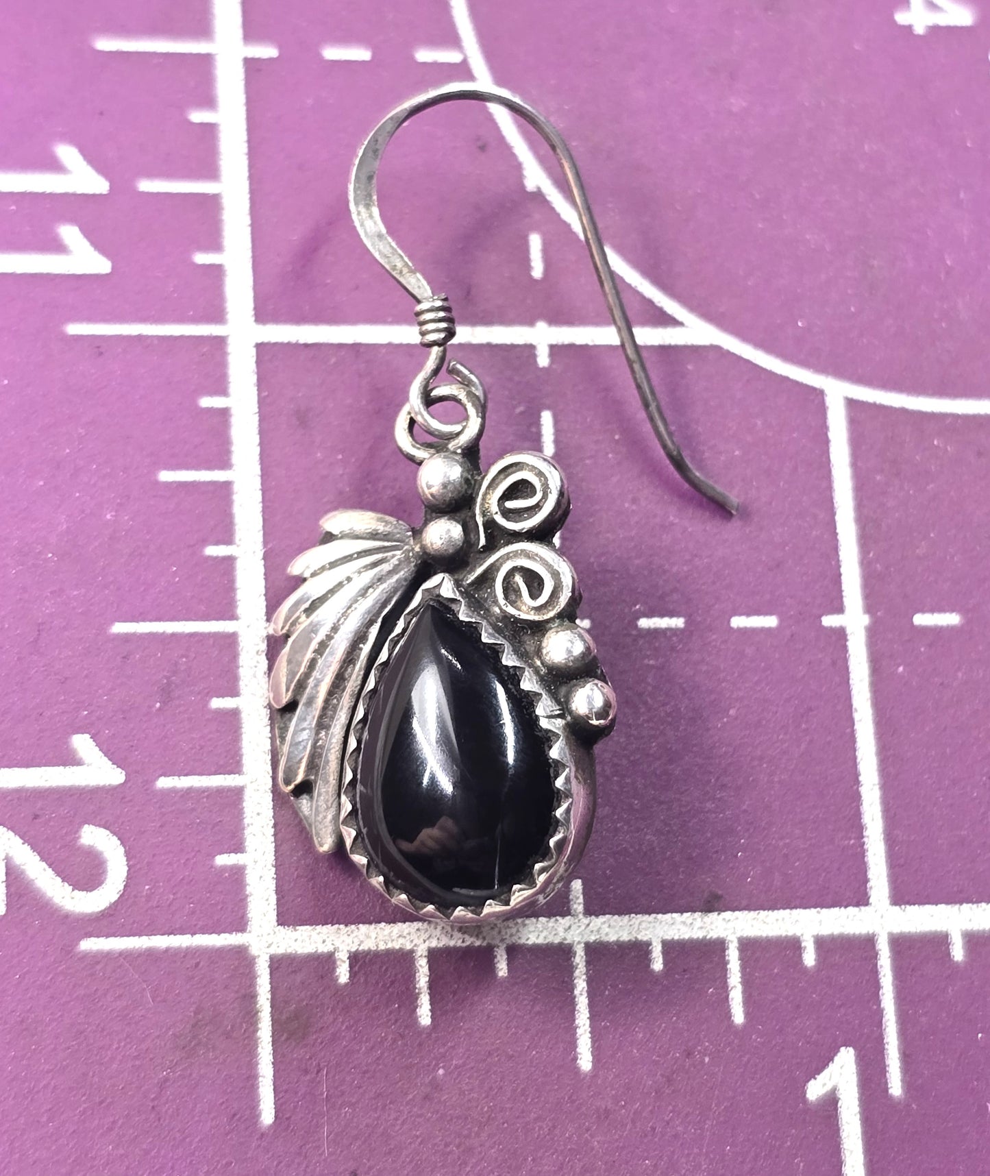 Navajo Black Onyx Feather sterling silver Native American vintage earrings