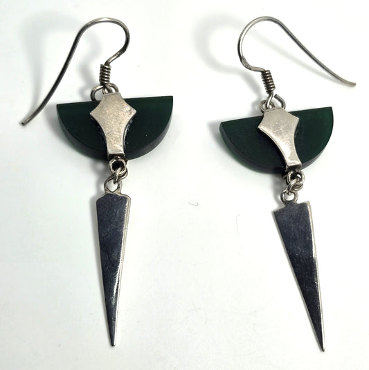 Art Deco Green Chalcedony long vintage sterling silver 2 and 3/8" drop earrings