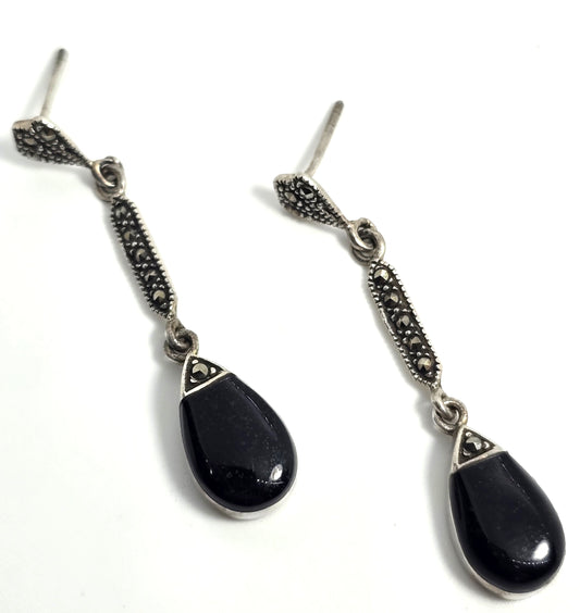 Black onyx marcasite sterling silver drop Marcella signed vintage retro earrings