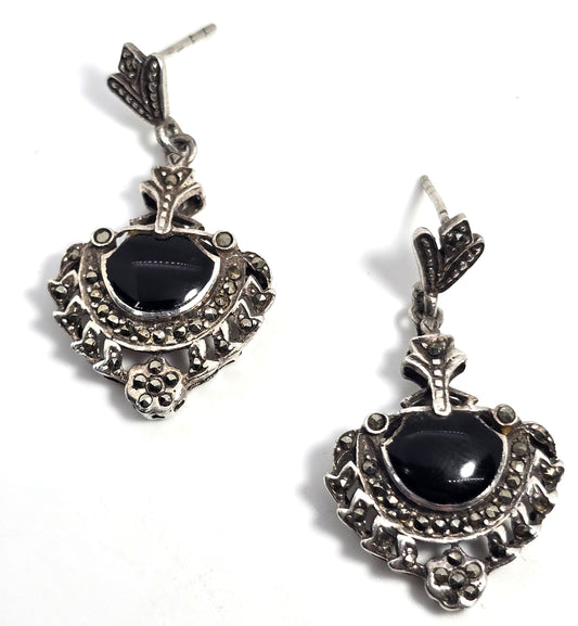 Art Deco style Black onyx marcasite sterling silver drop vintage earrings