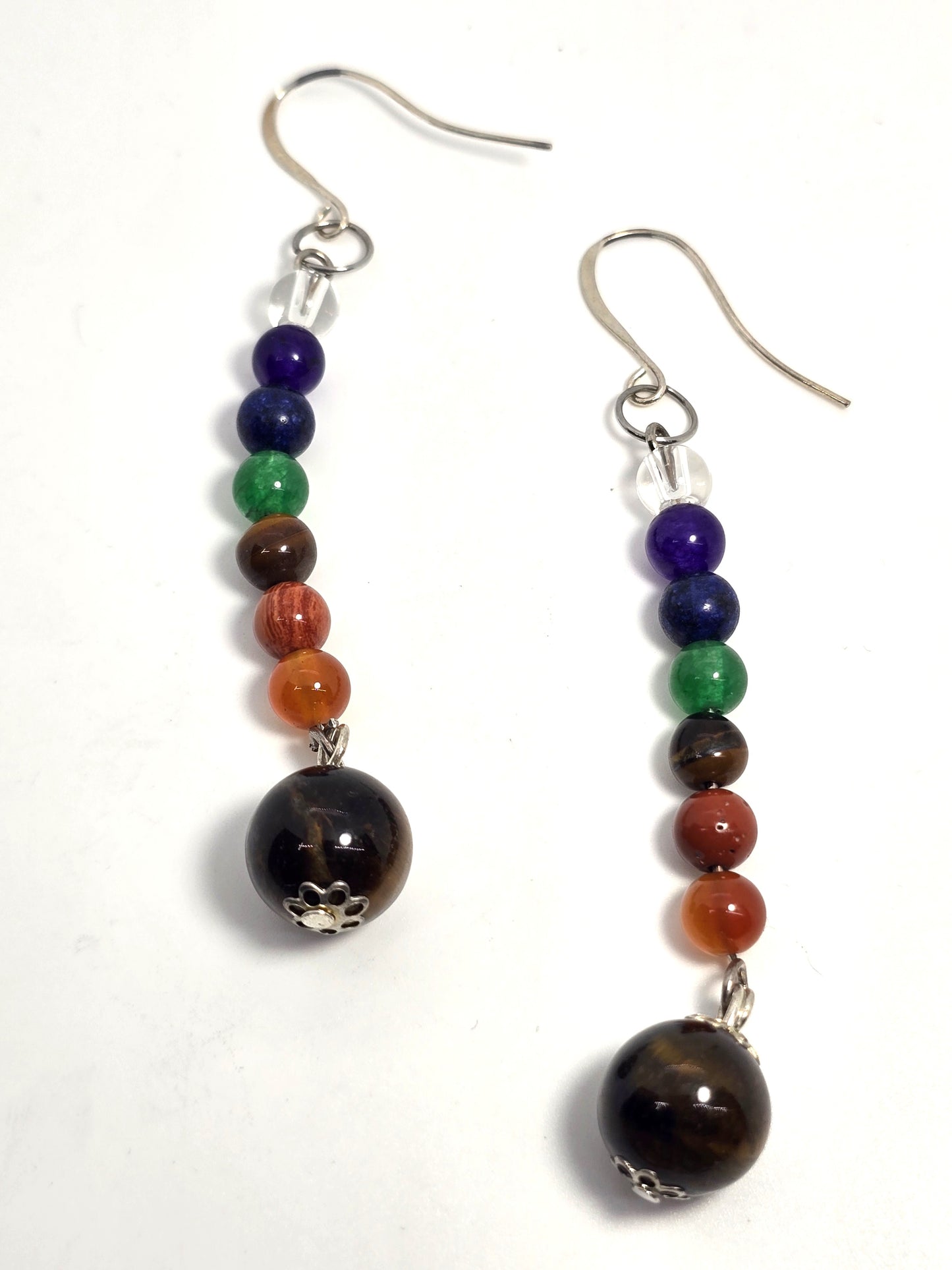 Chakra Multi gemstone beaded rainbow vintage Silver toned earrings