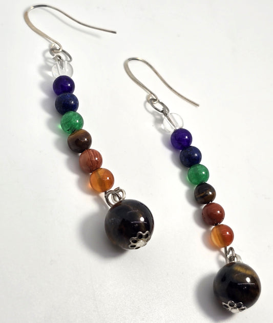 Chakra Multi gemstone beaded rainbow vintage Silver toned earrings