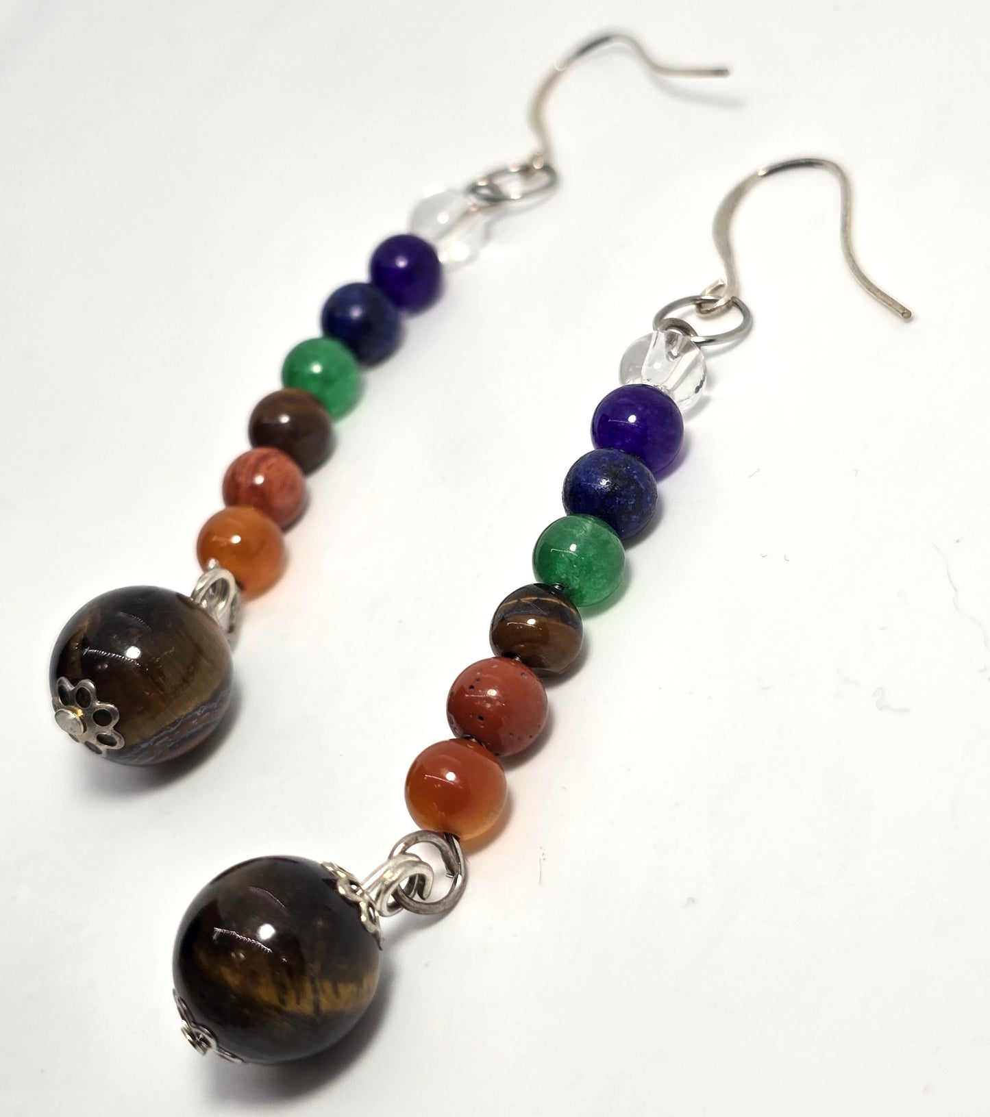 Chakra Multi gemstone beaded rainbow vintage Silver toned earrings