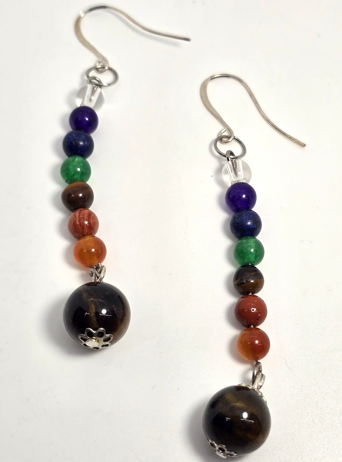 Chakra Multi gemstone beaded rainbow vintage Silver toned earrings