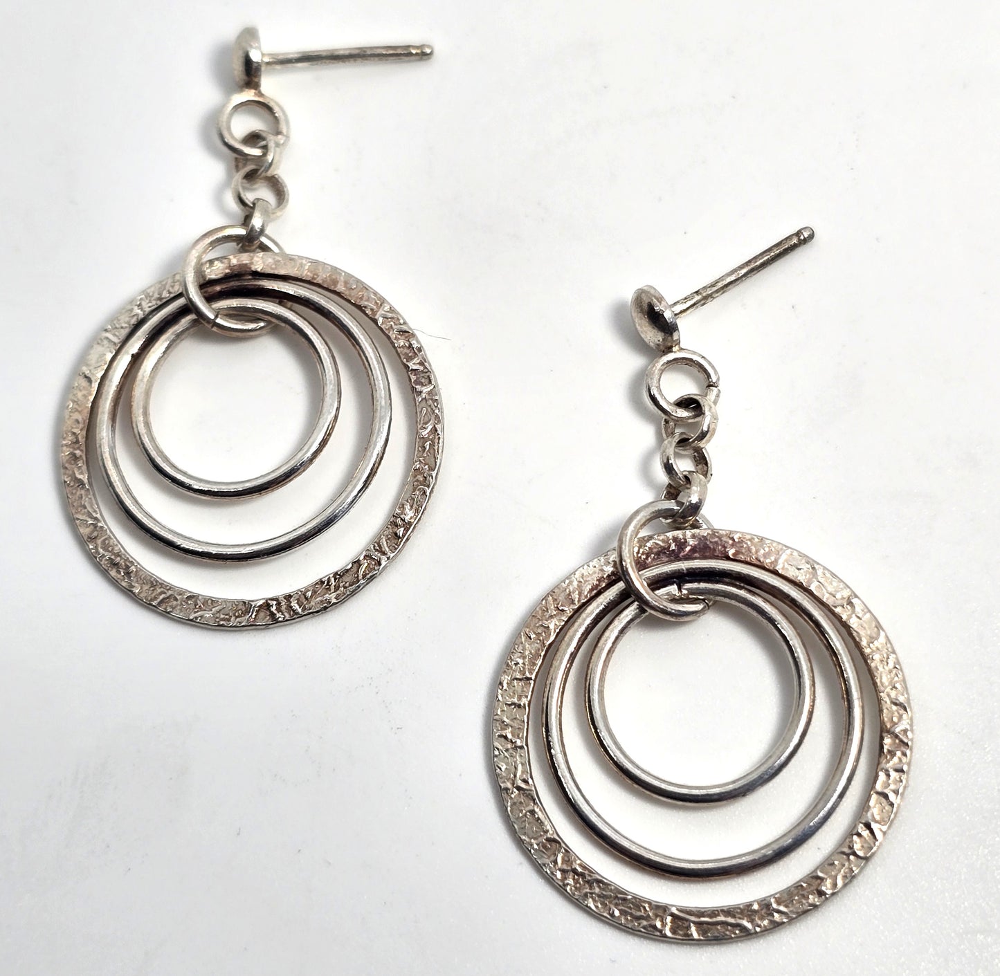 Triple hoop hammered sterling silver drop dangle post vintage earrings