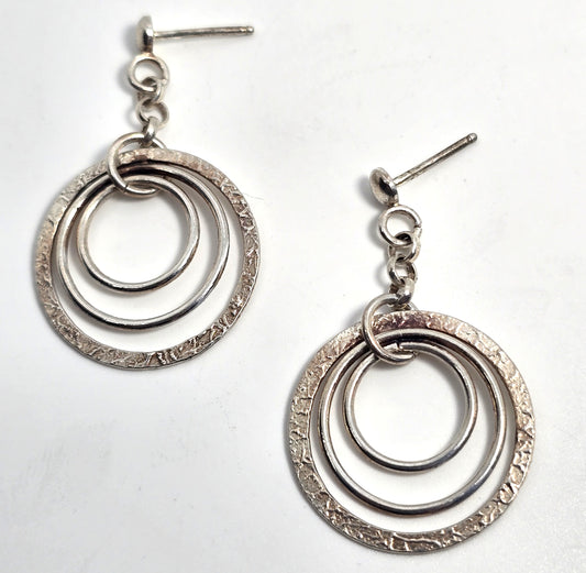 Triple hoop hammered sterling silver drop dangle post vintage earrings