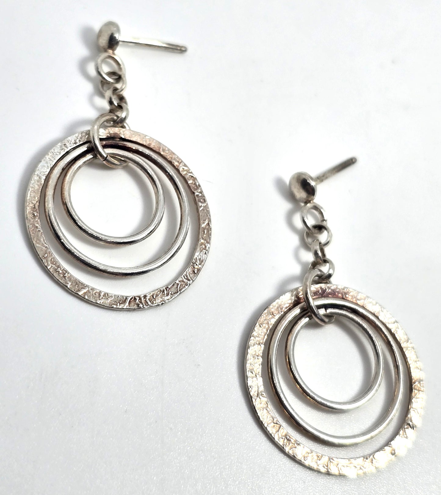 Triple hoop hammered sterling silver drop dangle post vintage earrings