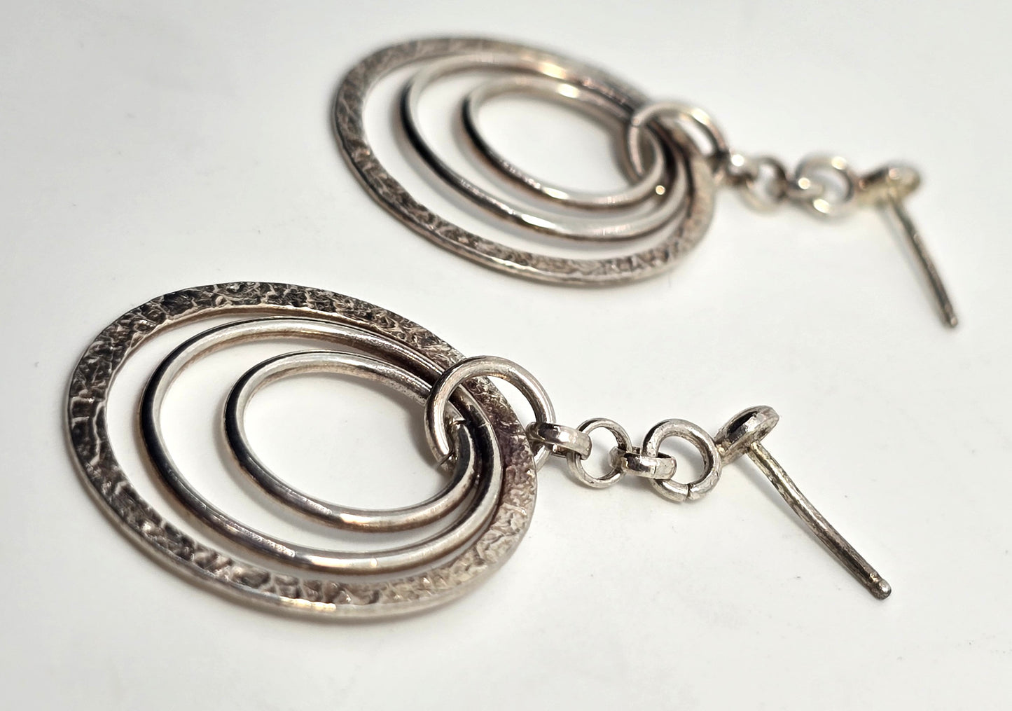 Triple hoop hammered sterling silver drop dangle post vintage earrings