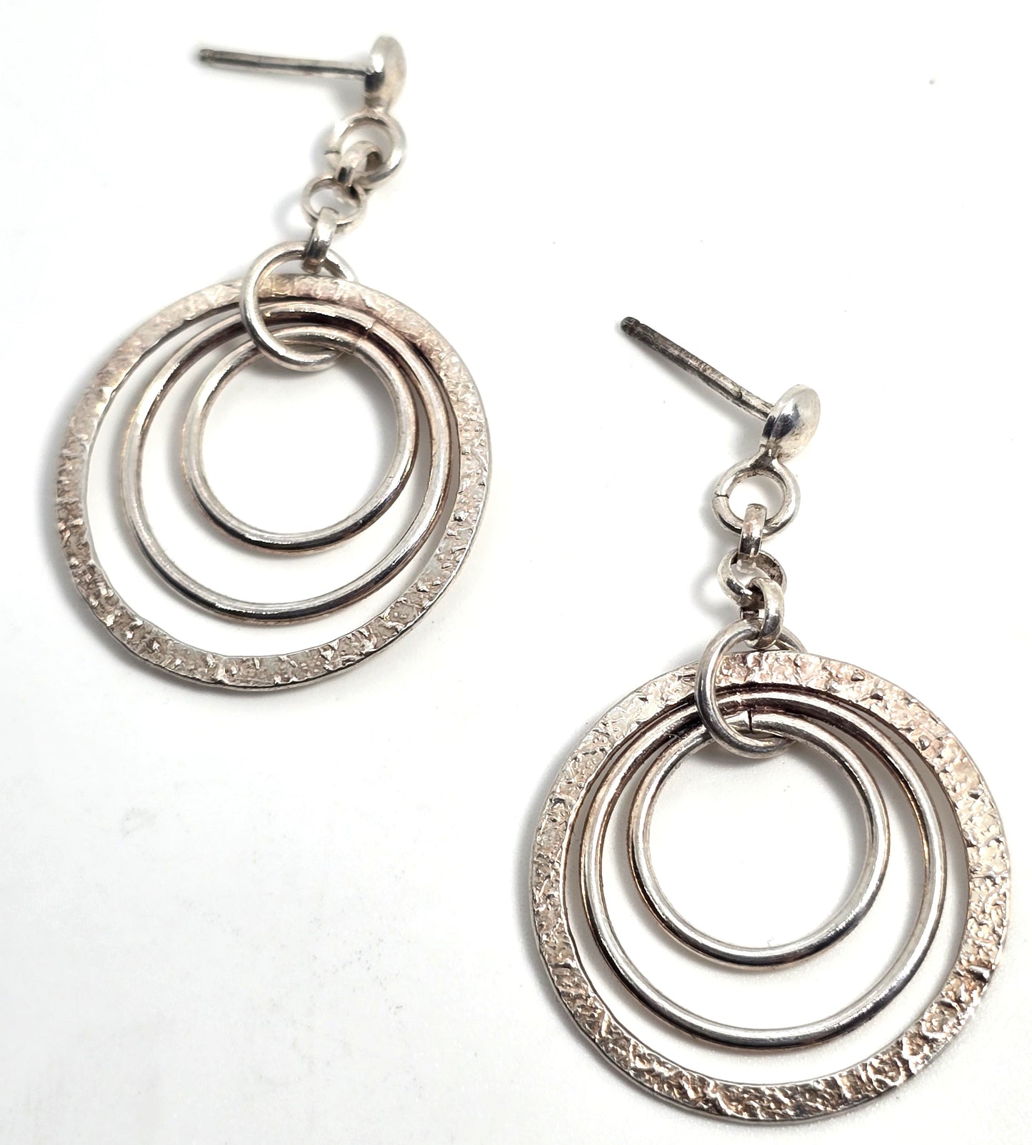 Triple hoop hammered sterling silver drop dangle post vintage earrings