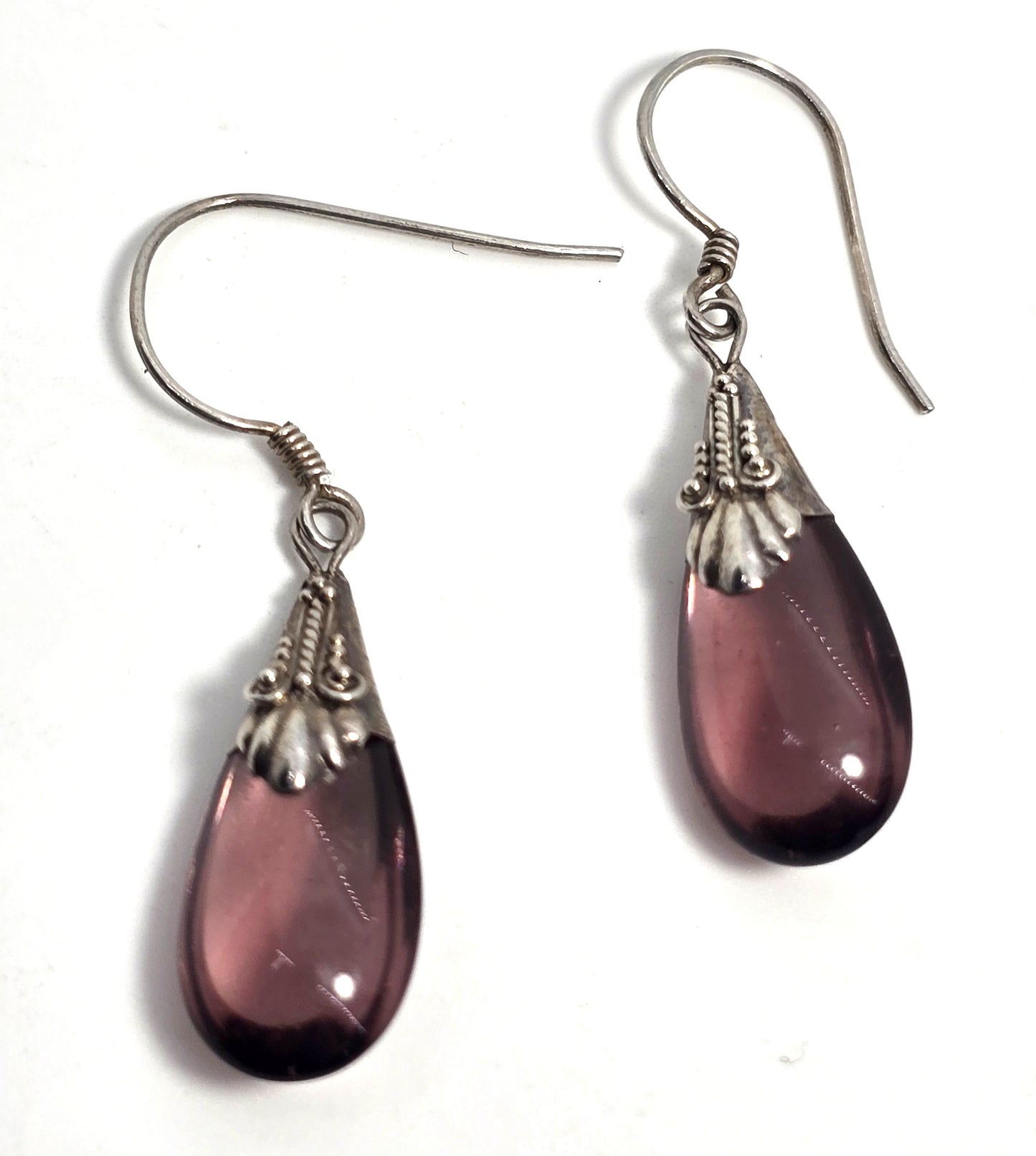 Amethyst glass purple tribal Bali vintage sterling silver drop earrings