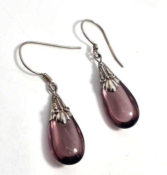 Amethyst glass purple tribal Bali vintage sterling silver drop earrings