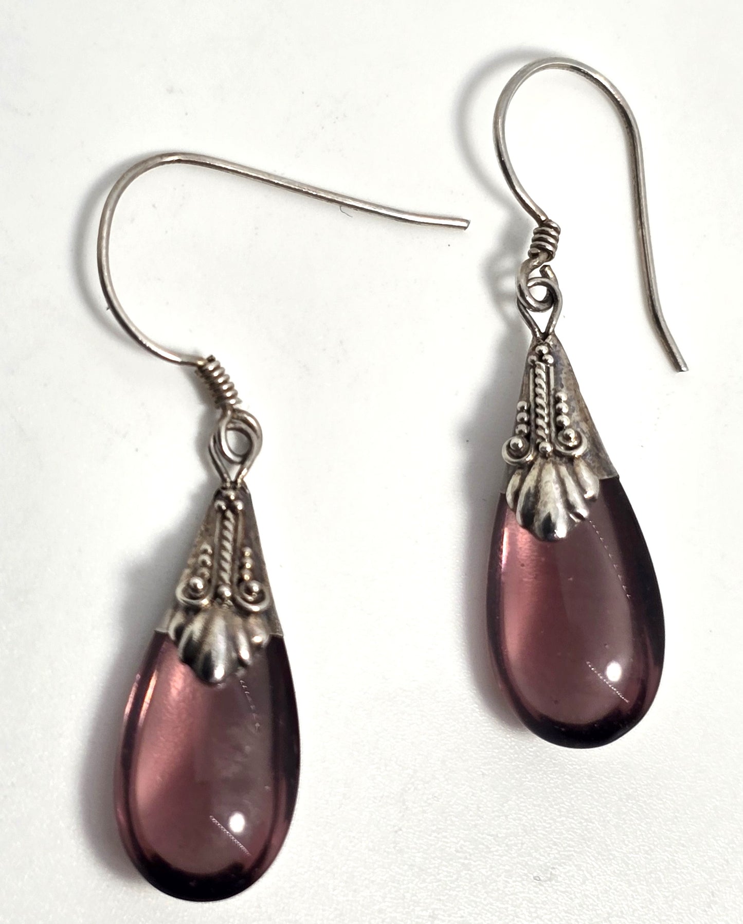 Amethyst glass purple tribal Bali vintage sterling silver drop earrings