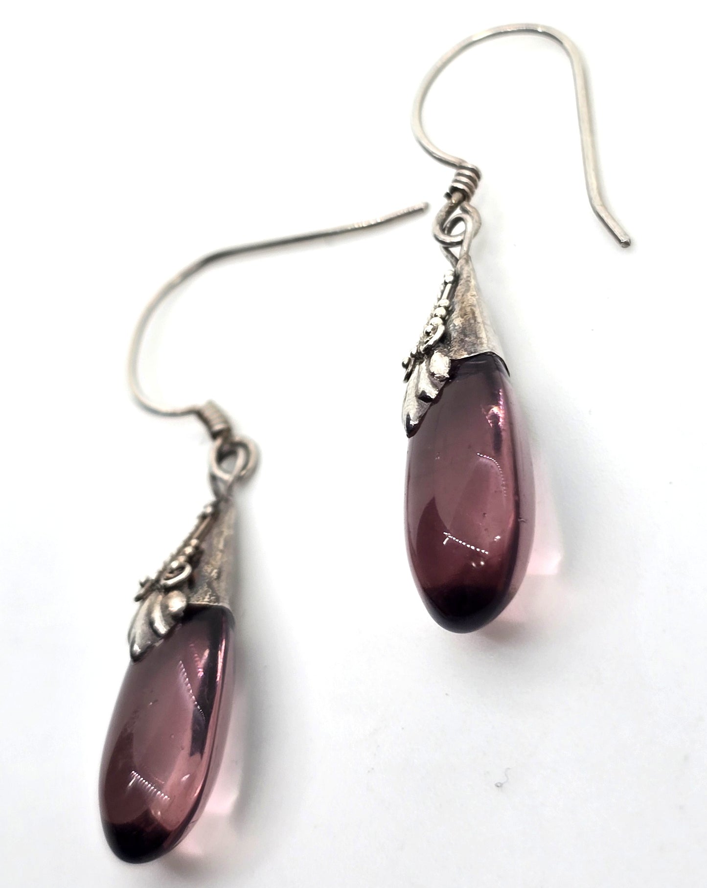 Amethyst glass purple tribal Bali vintage sterling silver drop earrings