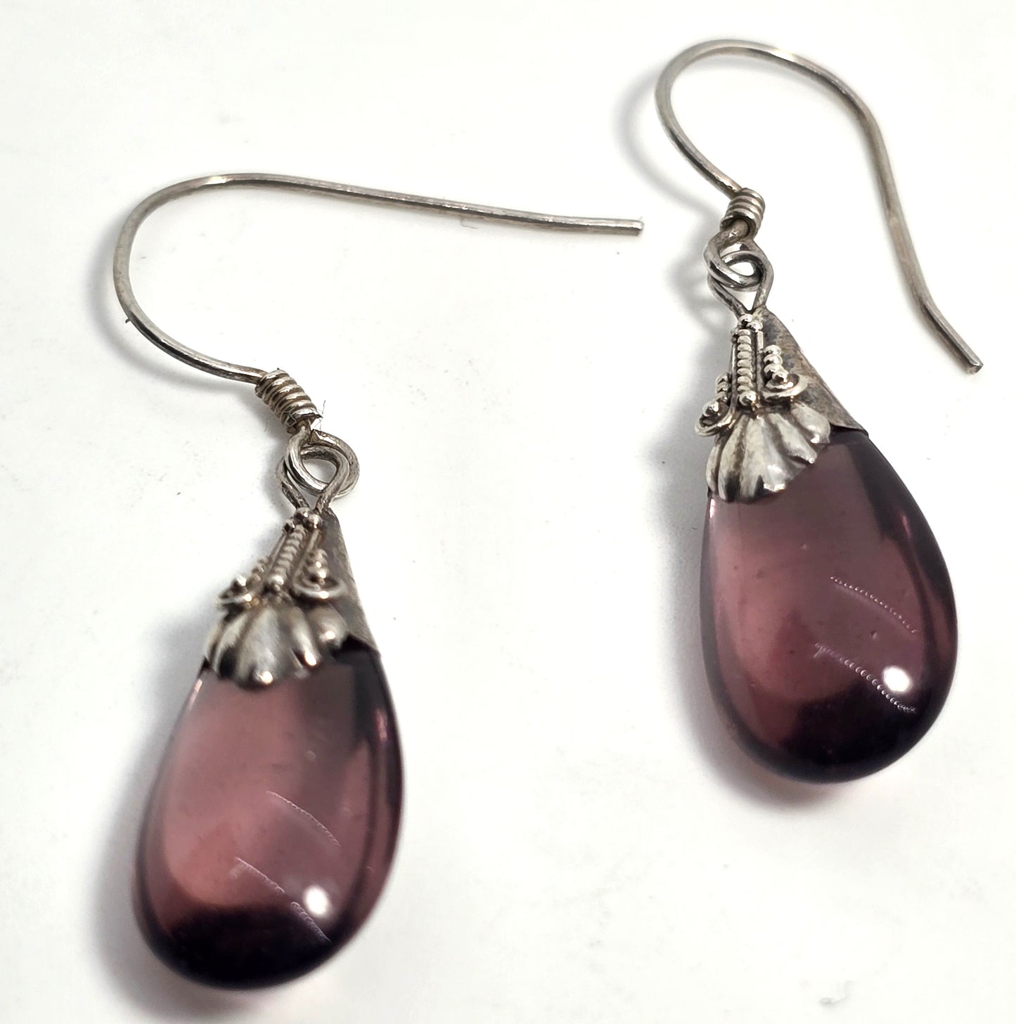 Amethyst glass purple tribal Bali vintage sterling silver drop earrings