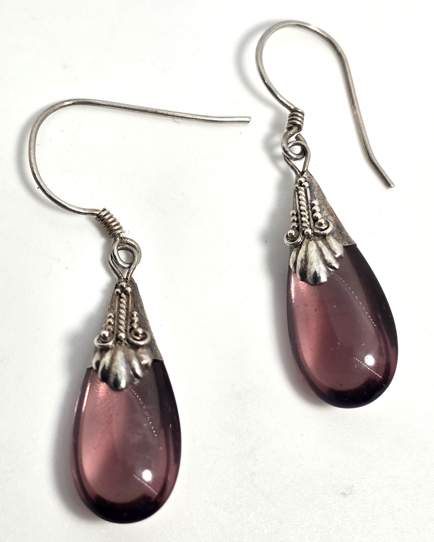 Amethyst glass purple tribal Bali vintage sterling silver drop earrings