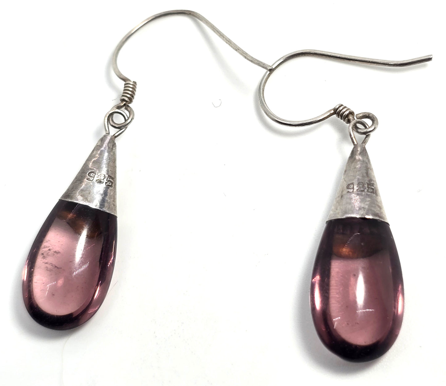 Amethyst glass purple tribal Bali vintage sterling silver drop earrings