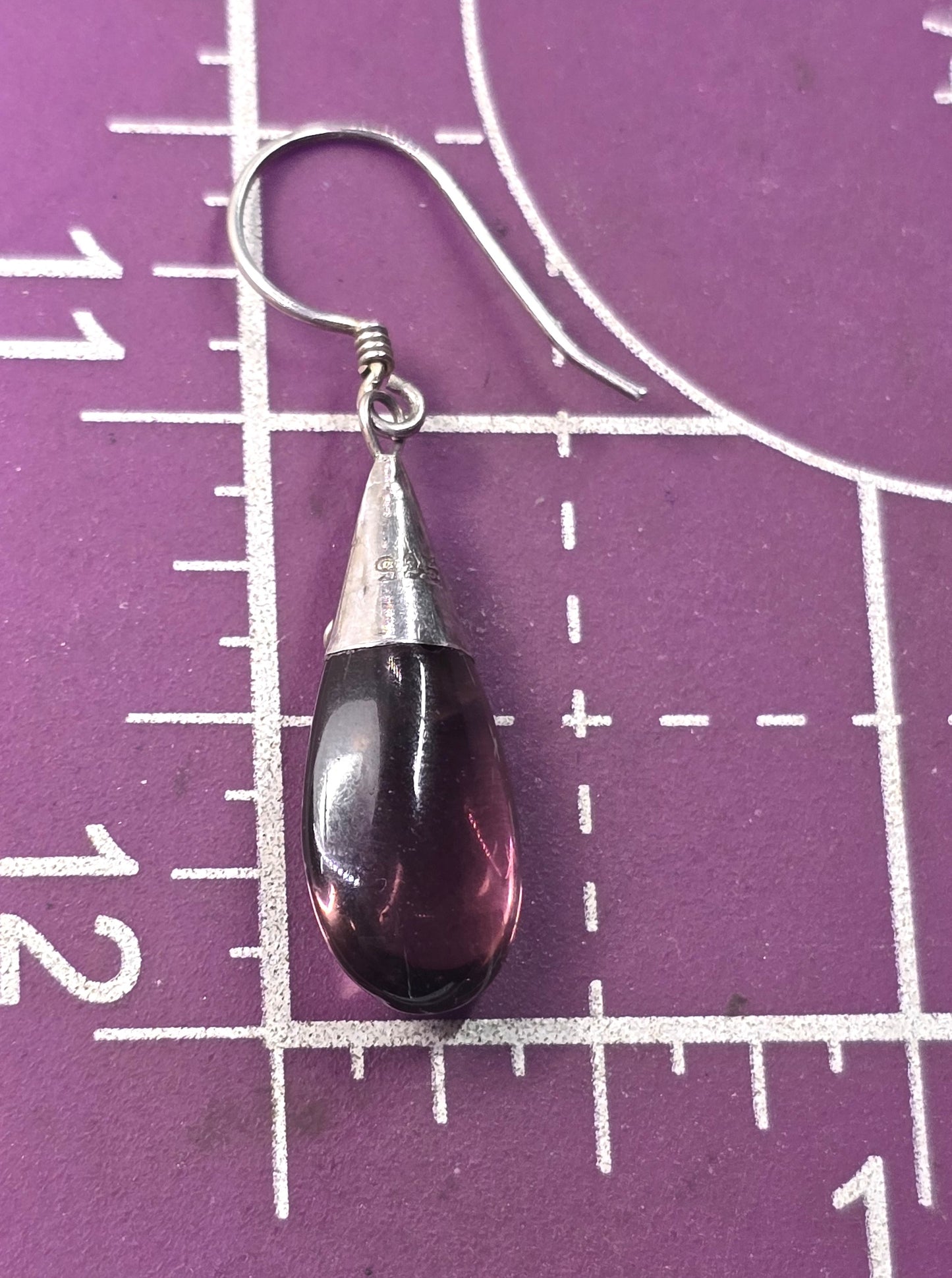 Amethyst glass purple tribal Bali vintage sterling silver drop earrings