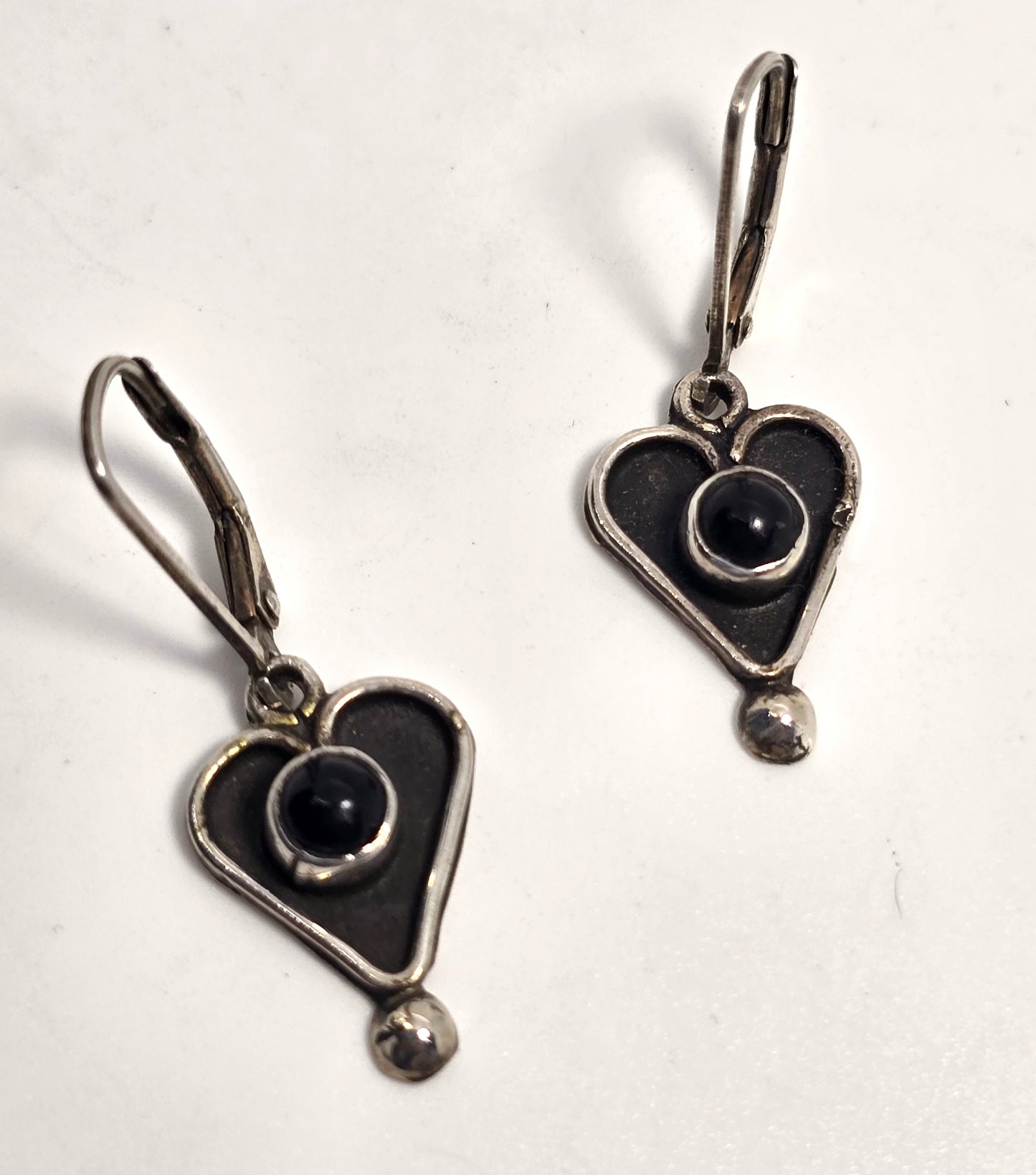 Black onyx tribal heart sterling silver drop vintage lever back earrings