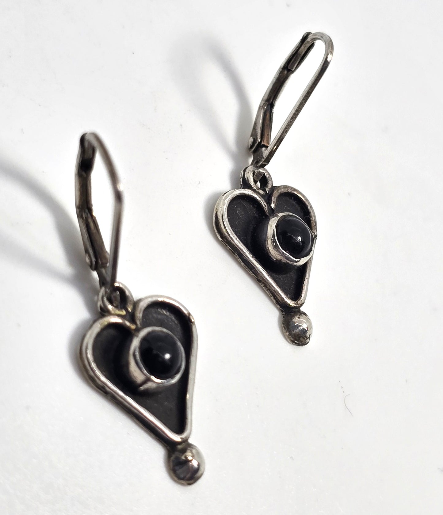 Black onyx tribal heart sterling silver drop vintage lever back earrings
