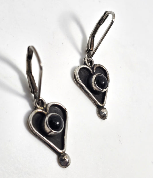 Black onyx tribal heart sterling silver drop vintage lever back earrings