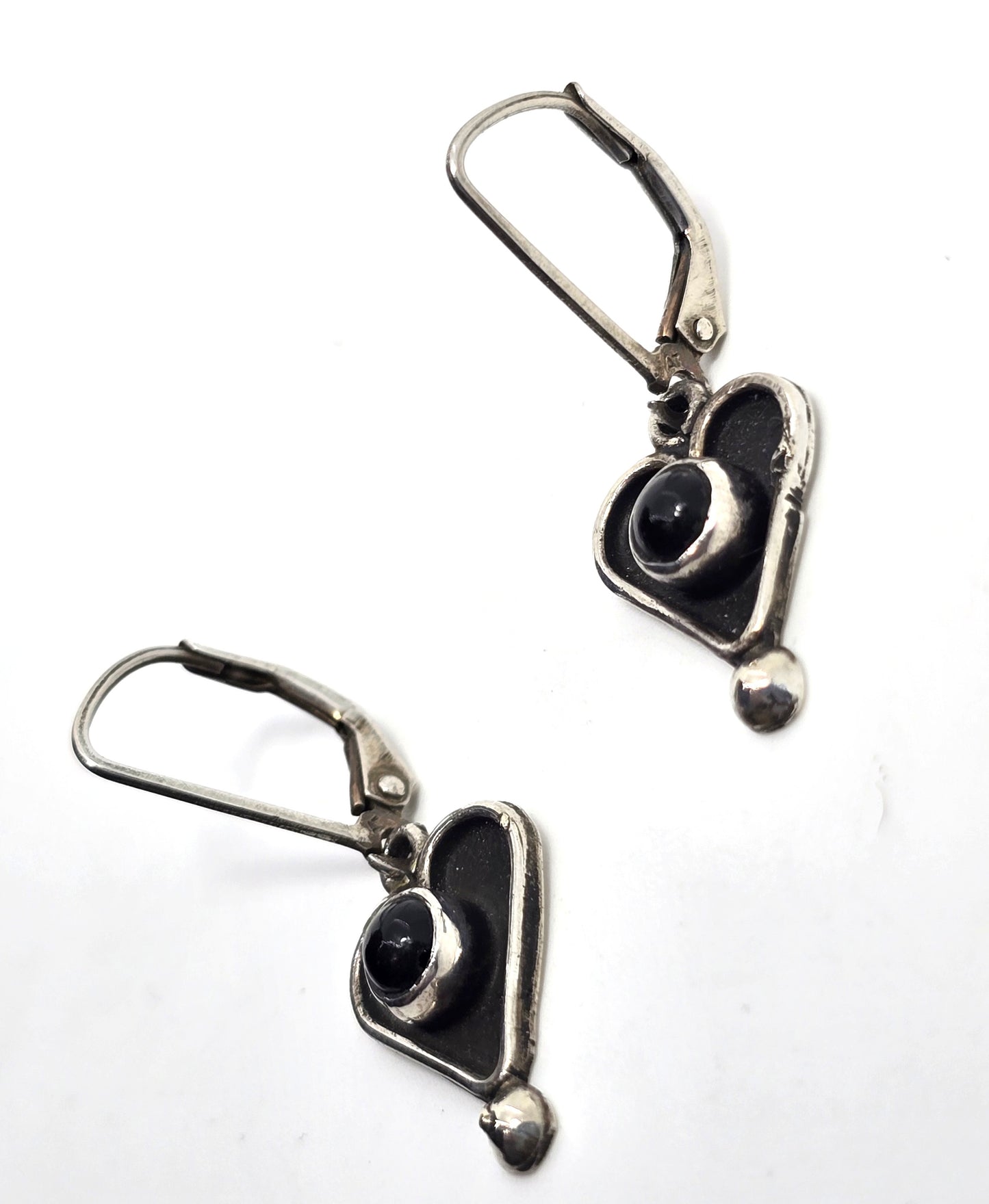 Black onyx tribal heart sterling silver drop vintage lever back earrings