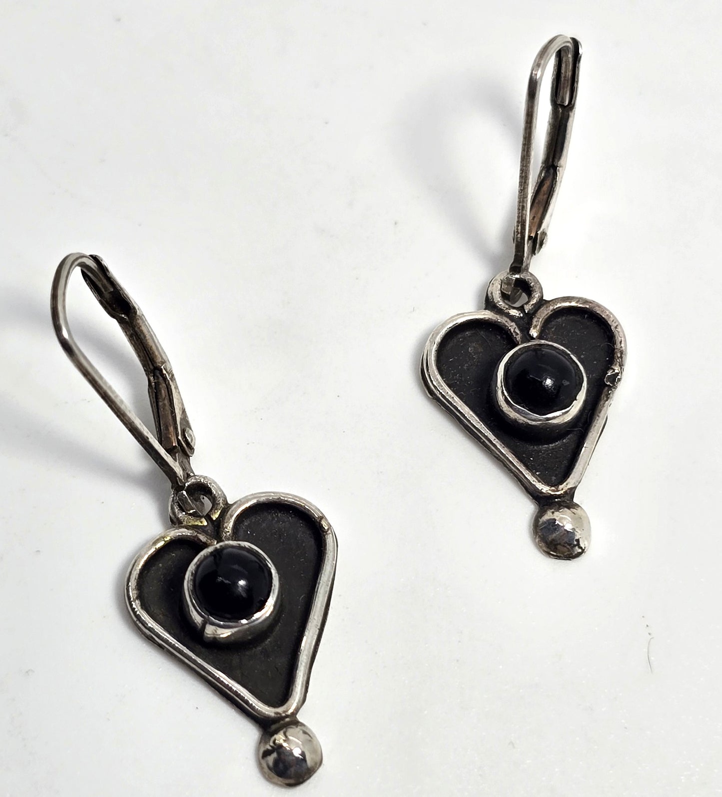 Black onyx tribal heart sterling silver drop vintage lever back earrings