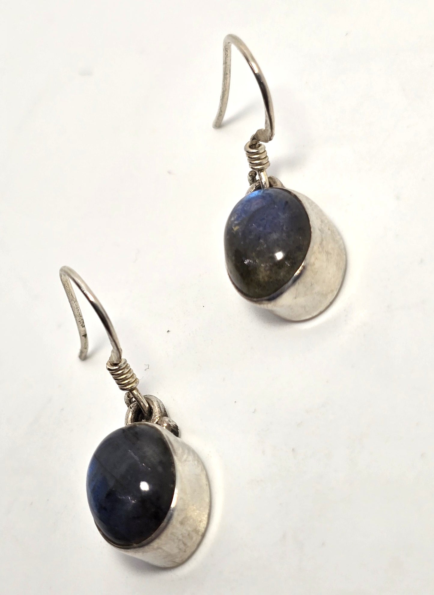 Labradorite gemstone drop flashy blue sterling silver vintage earrings