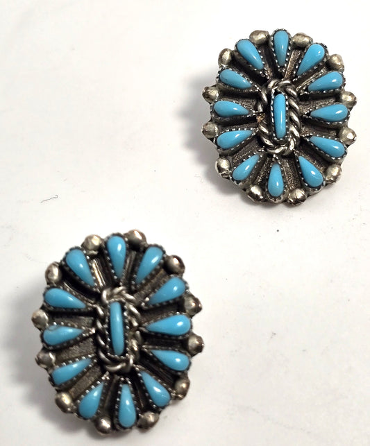 Zuni petite point turquoise Native American Sterling Silver vintage clip earrings