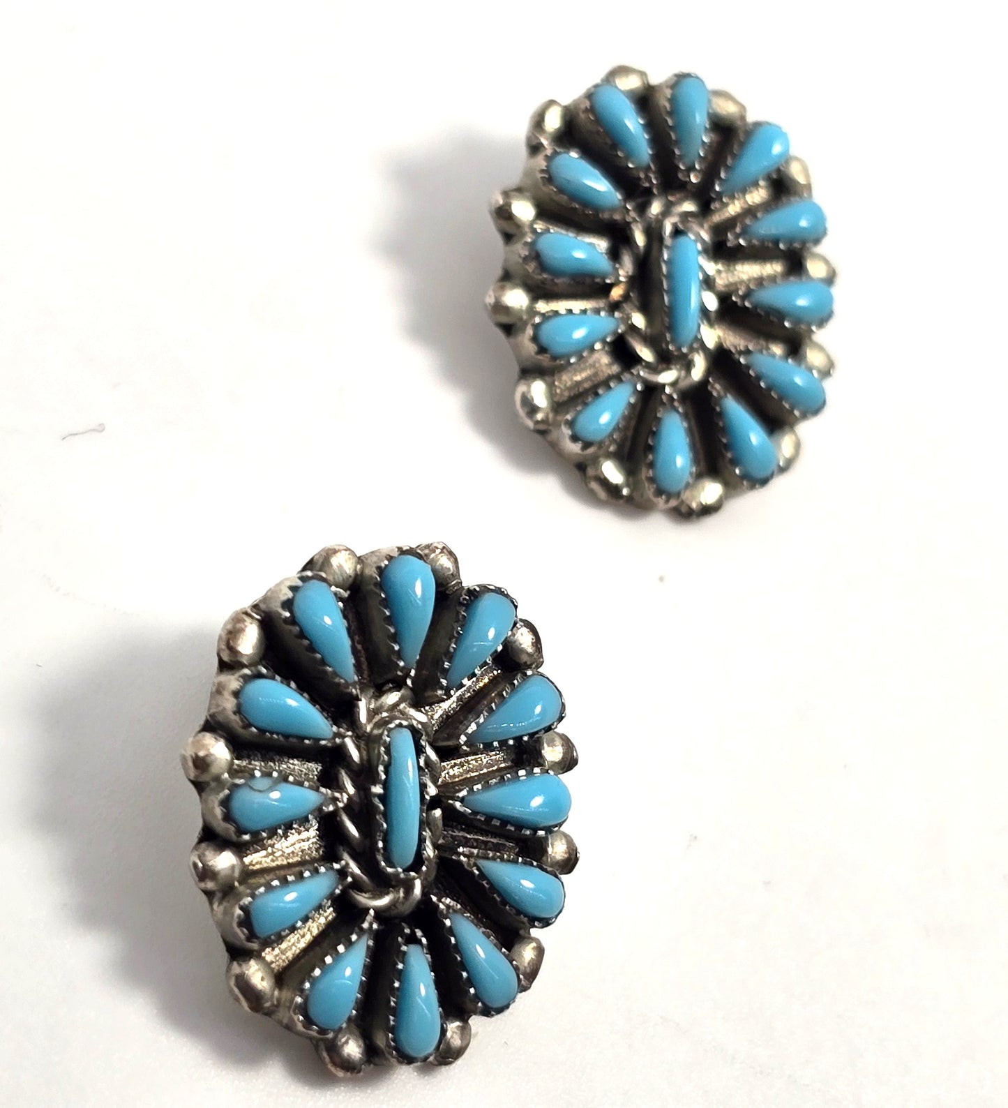 Zuni petite point turquoise Native American Sterling Silver vintage clip earrings