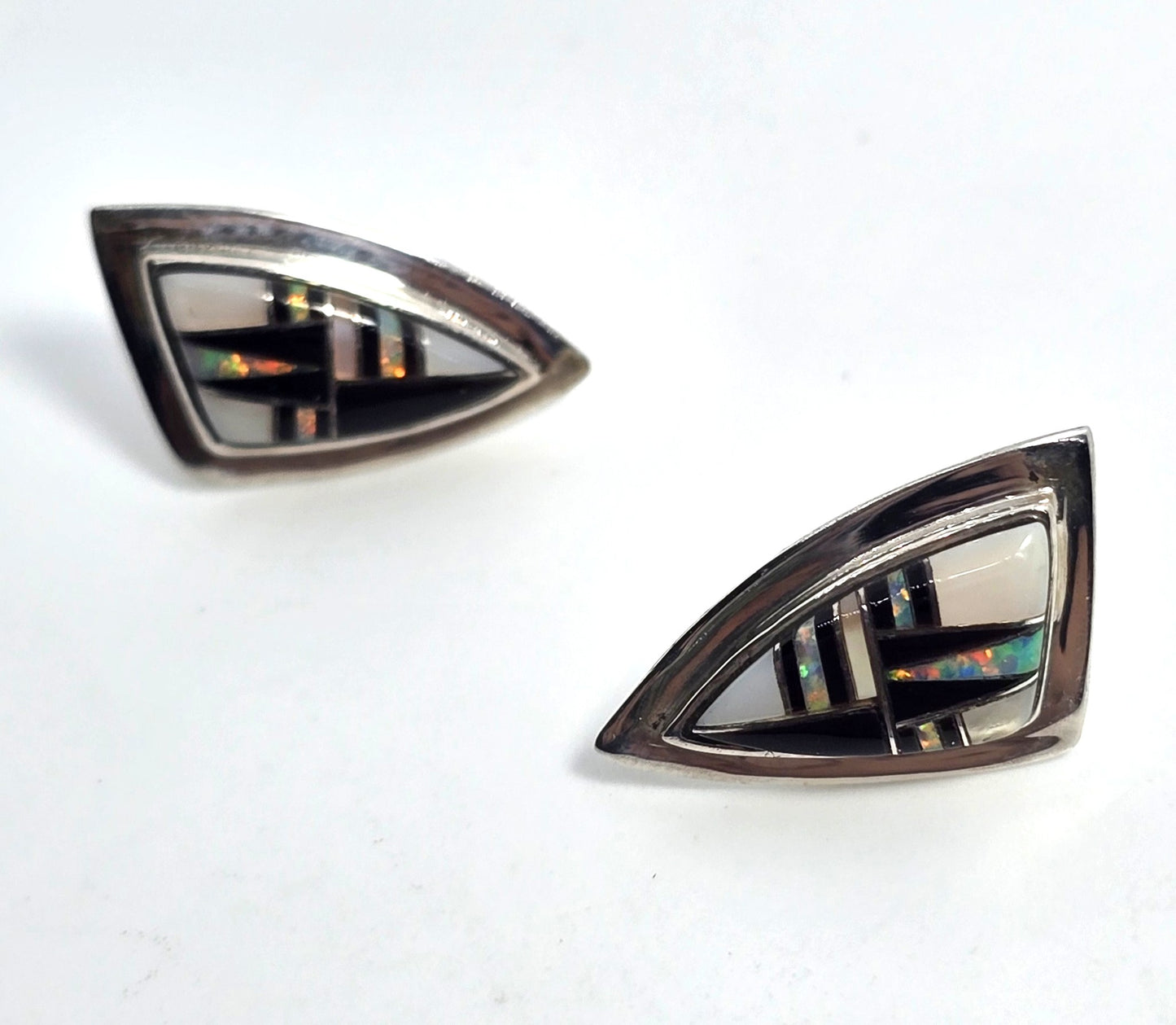 Kay Johnson Anglo Native Sterling Silver fire opal Onyx Inlay stud earrings