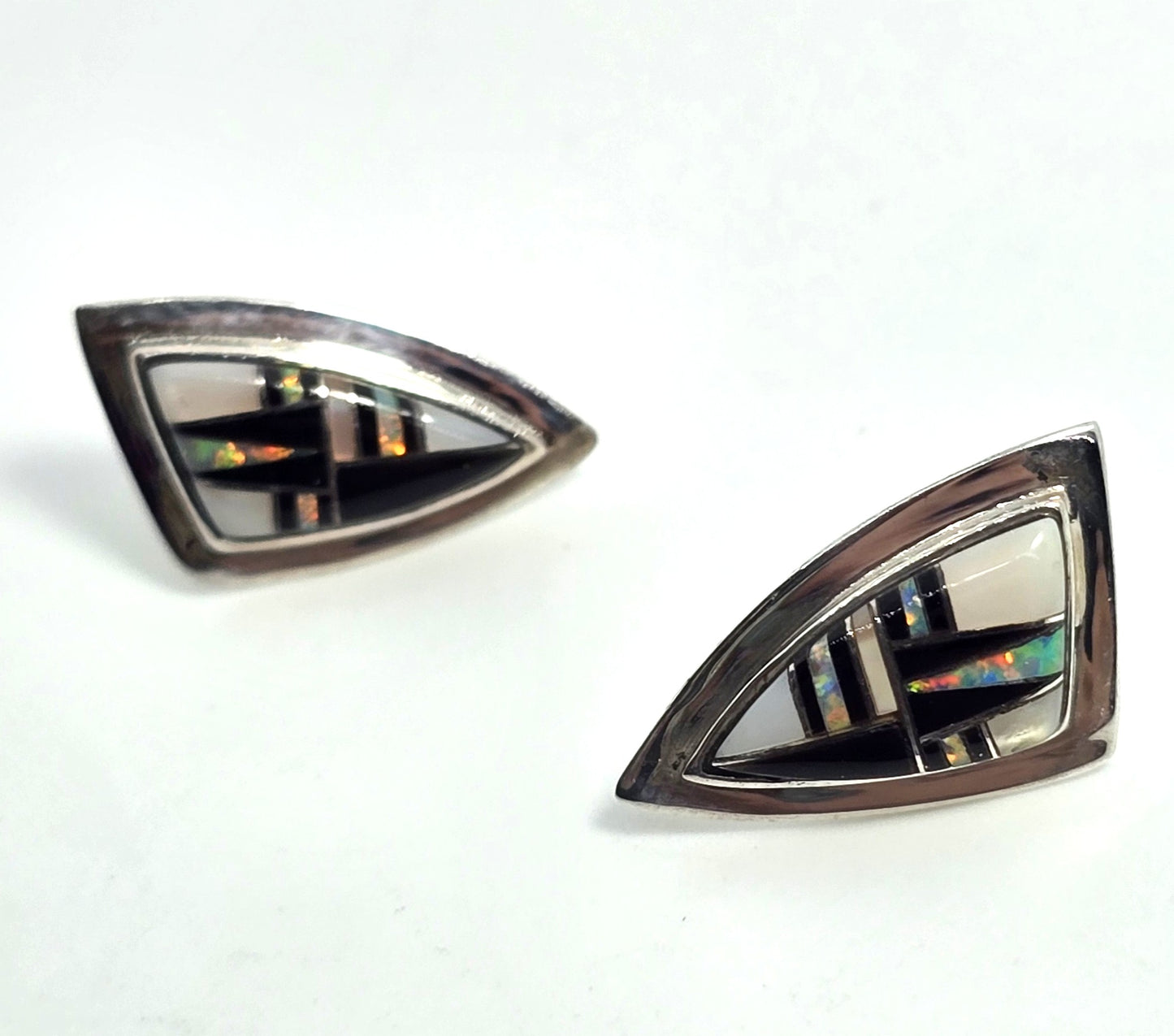 Kay Johnson Anglo Native Sterling Silver fire opal Onyx Inlay stud earrings