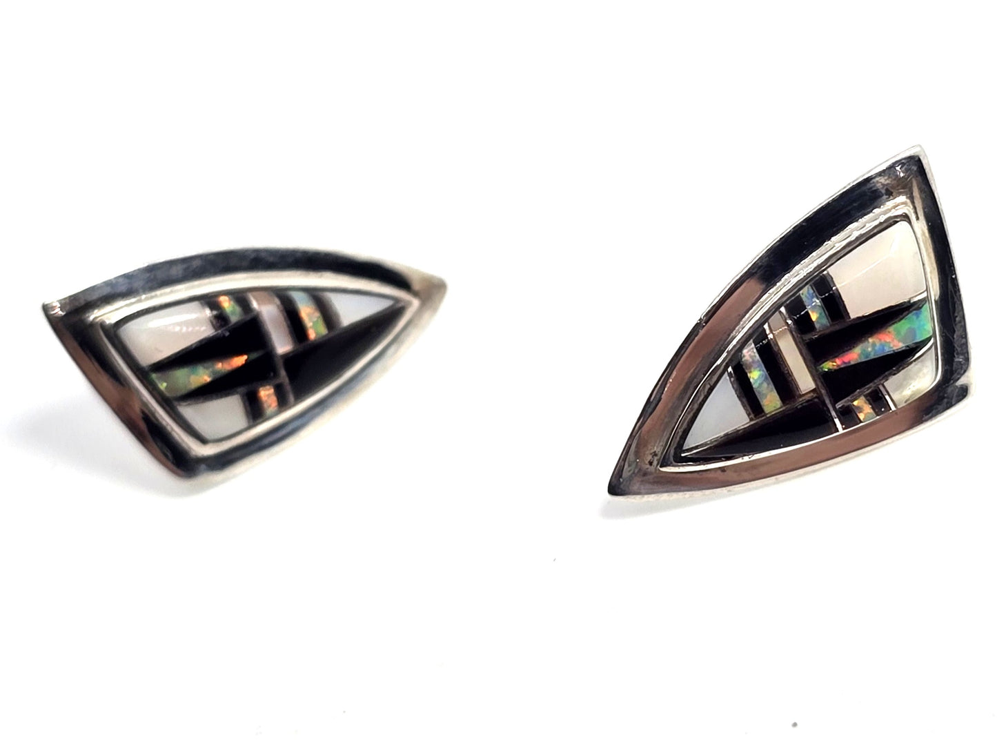 Kay Johnson Anglo Native Sterling Silver fire opal Onyx Inlay stud earrings