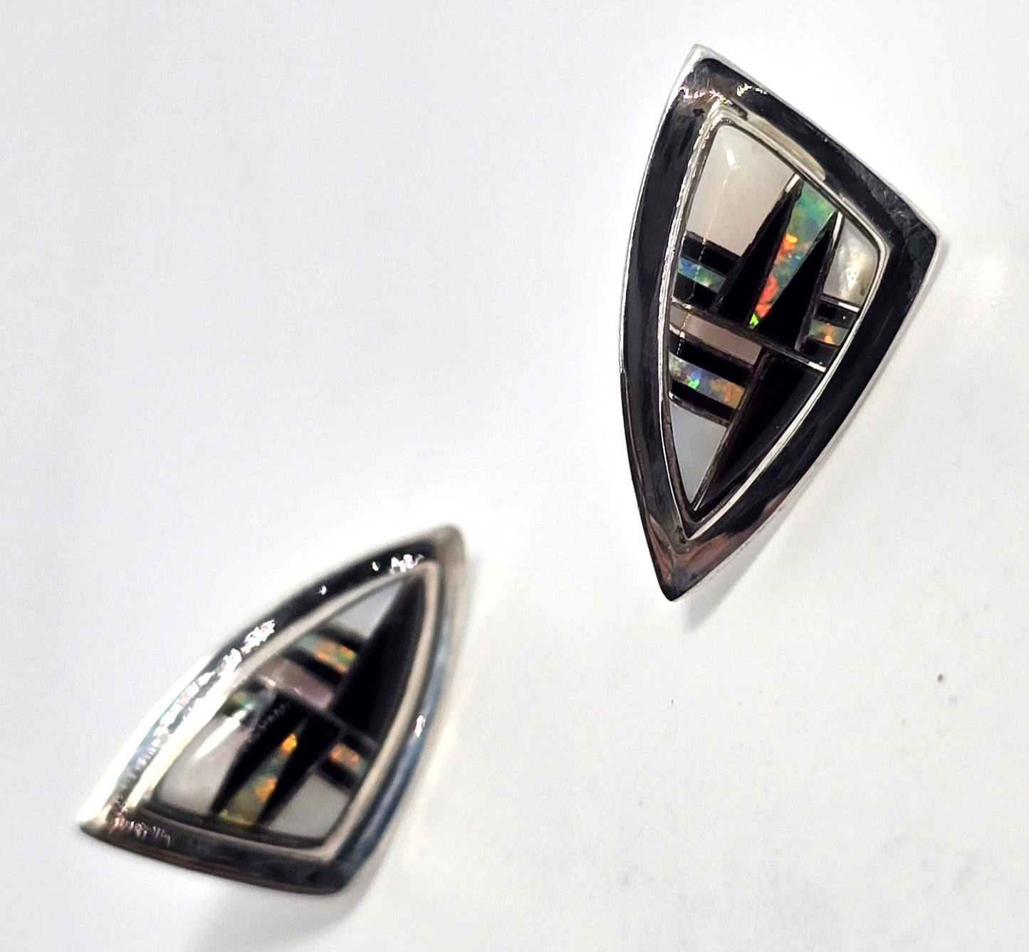 Kay Johnson Anglo Native Sterling Silver fire opal Onyx Inlay stud earrings