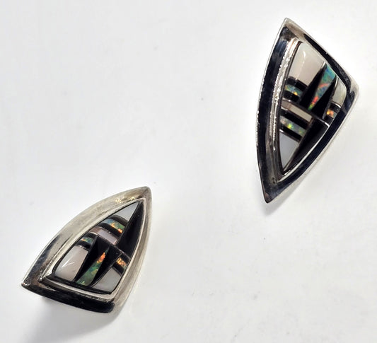 Kay Johnson Anglo Native Sterling Silver fire opal Onyx Inlay stud earrings