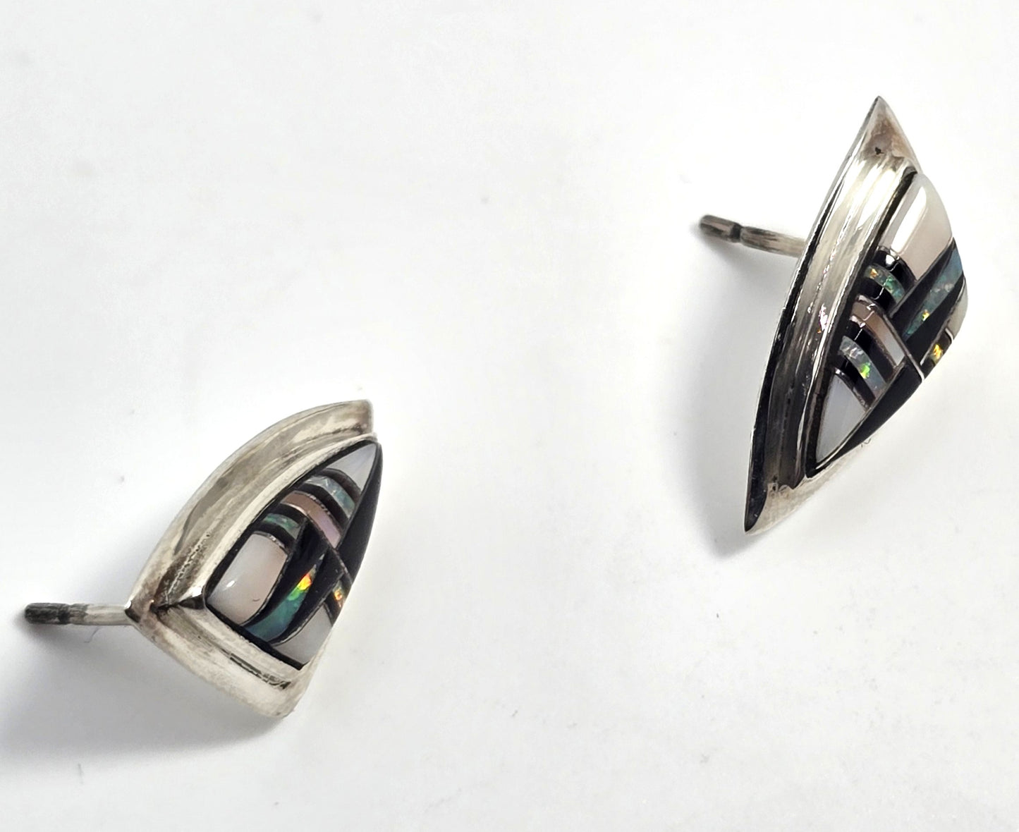 Kay Johnson Anglo Native Sterling Silver fire opal Onyx Inlay stud earrings