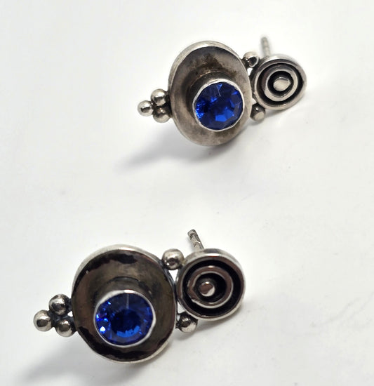 Blue cubic zirconia tribal Bali Balinese style sterling silver stud earrings
